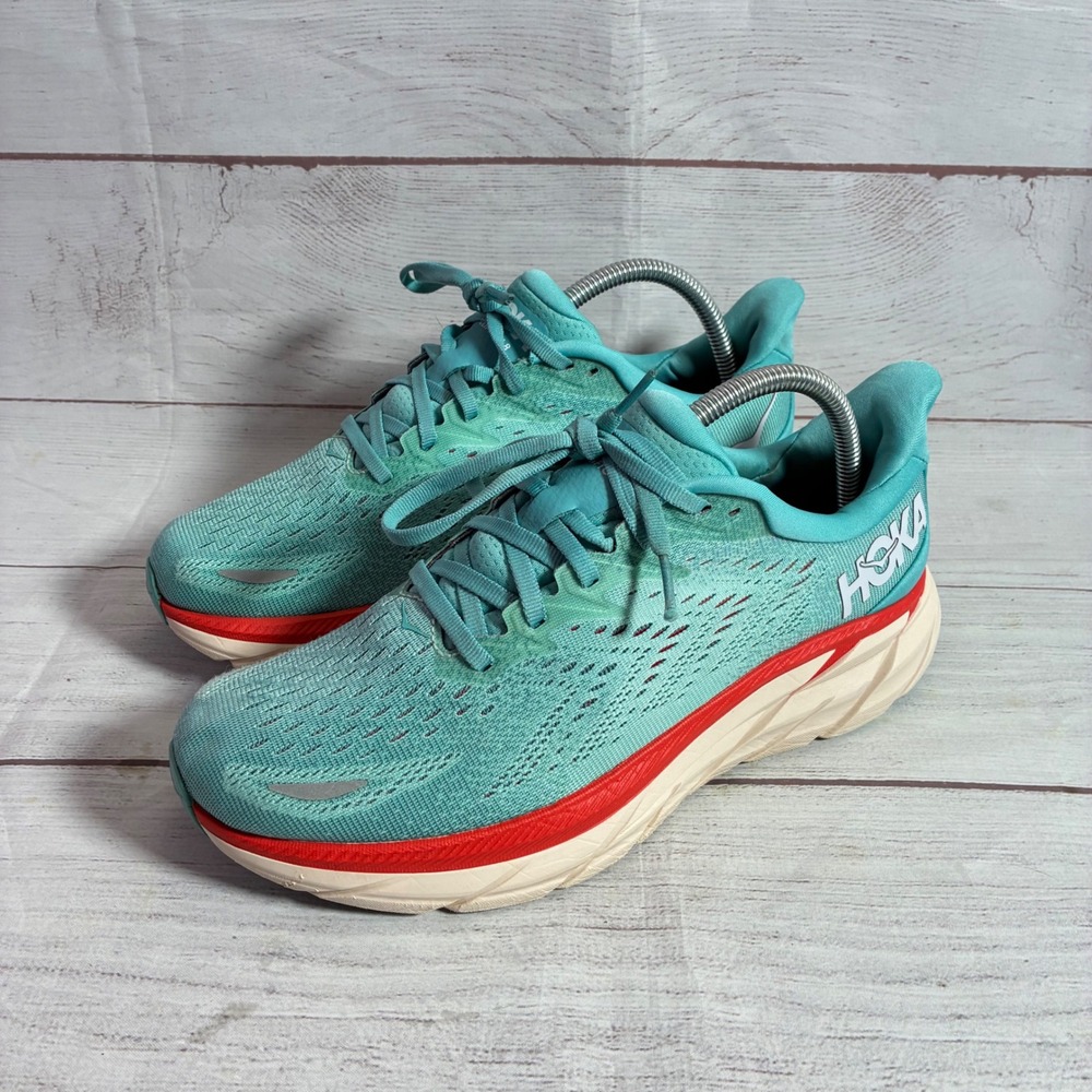 Hoka Clifton 8 Womens 9 Wide Teal Orange Running Shoes 1121375 AEBL